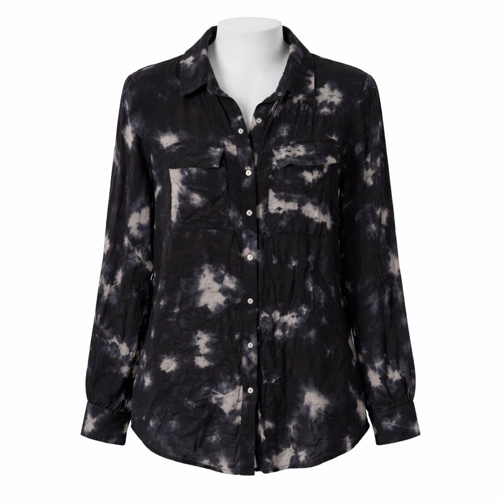 Size XL Zara Women’s Black Tie Dye Button Up Blouse Camisa Feminina Shirt Top